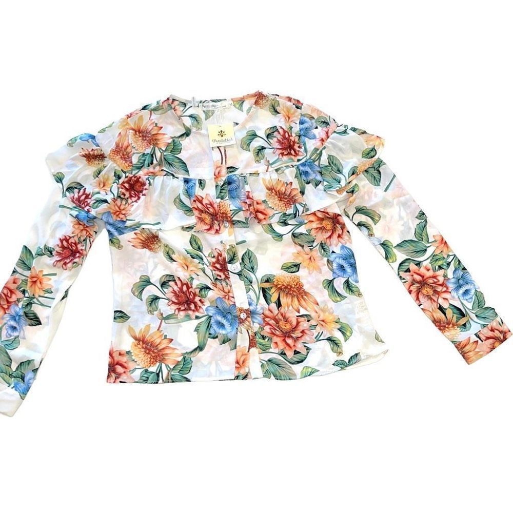 New Boutique Silky White Floral Long Sleeve Button Down Blouse Medium